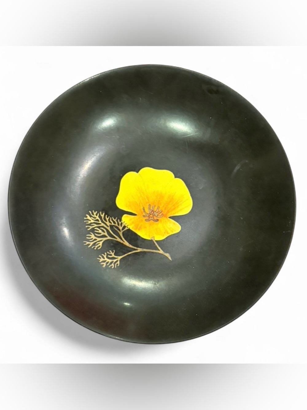 Couroc Vintage Yellow Poppy Dish Mid Century Modern Brass Floral Resin MCM Decor